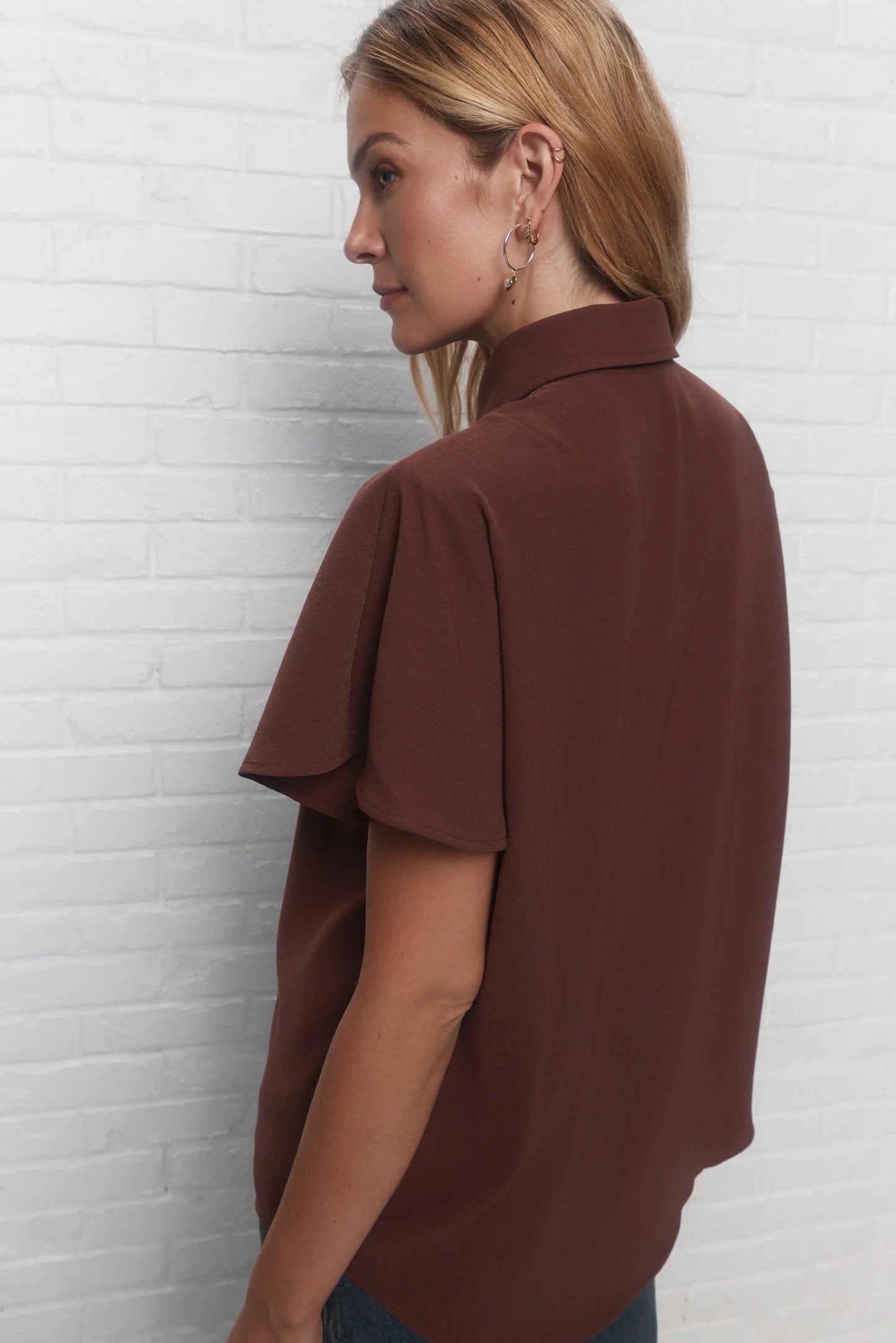 Brown Short Sleeves Shirt with Shoulder Pads