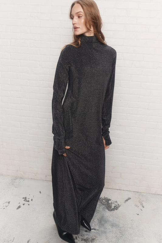 Black Shiny Mockneck Maxi Dress