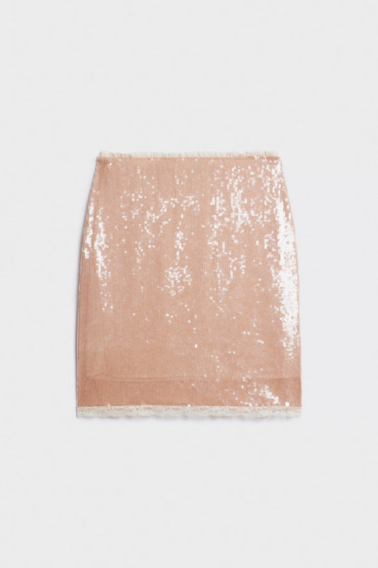 Pink Lace-trimmed Sequin Midi Skirt