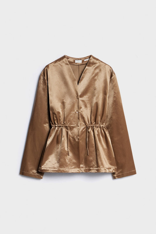 Brown Drawstring Cotton-blend Shirt with flared hem