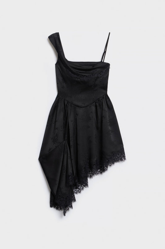 Black Lace-trimmed Draped Dress with Asymmetric Hem