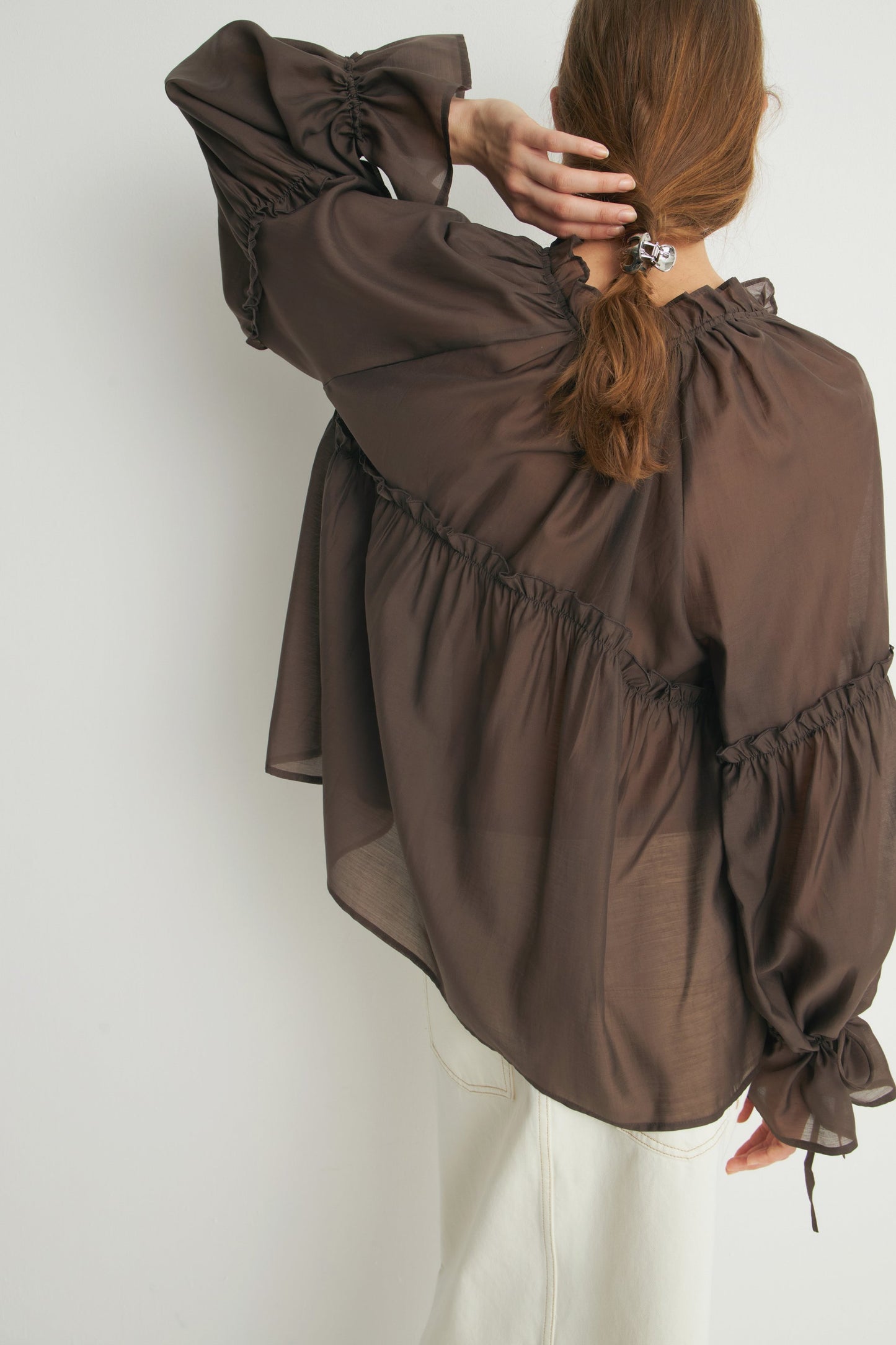 Brown Frilled Long Sleeves Blouse