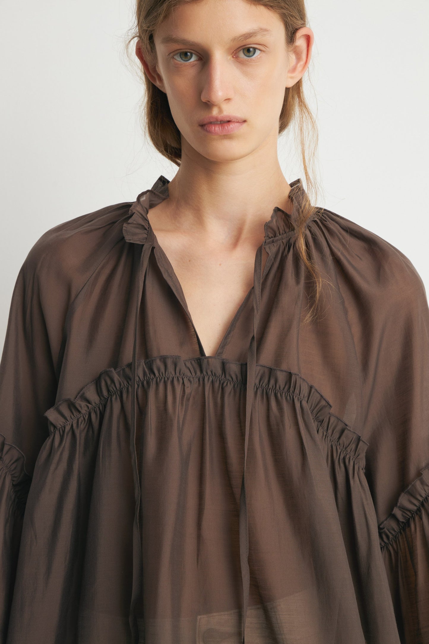 Brown Frilled Long Sleeves Blouse