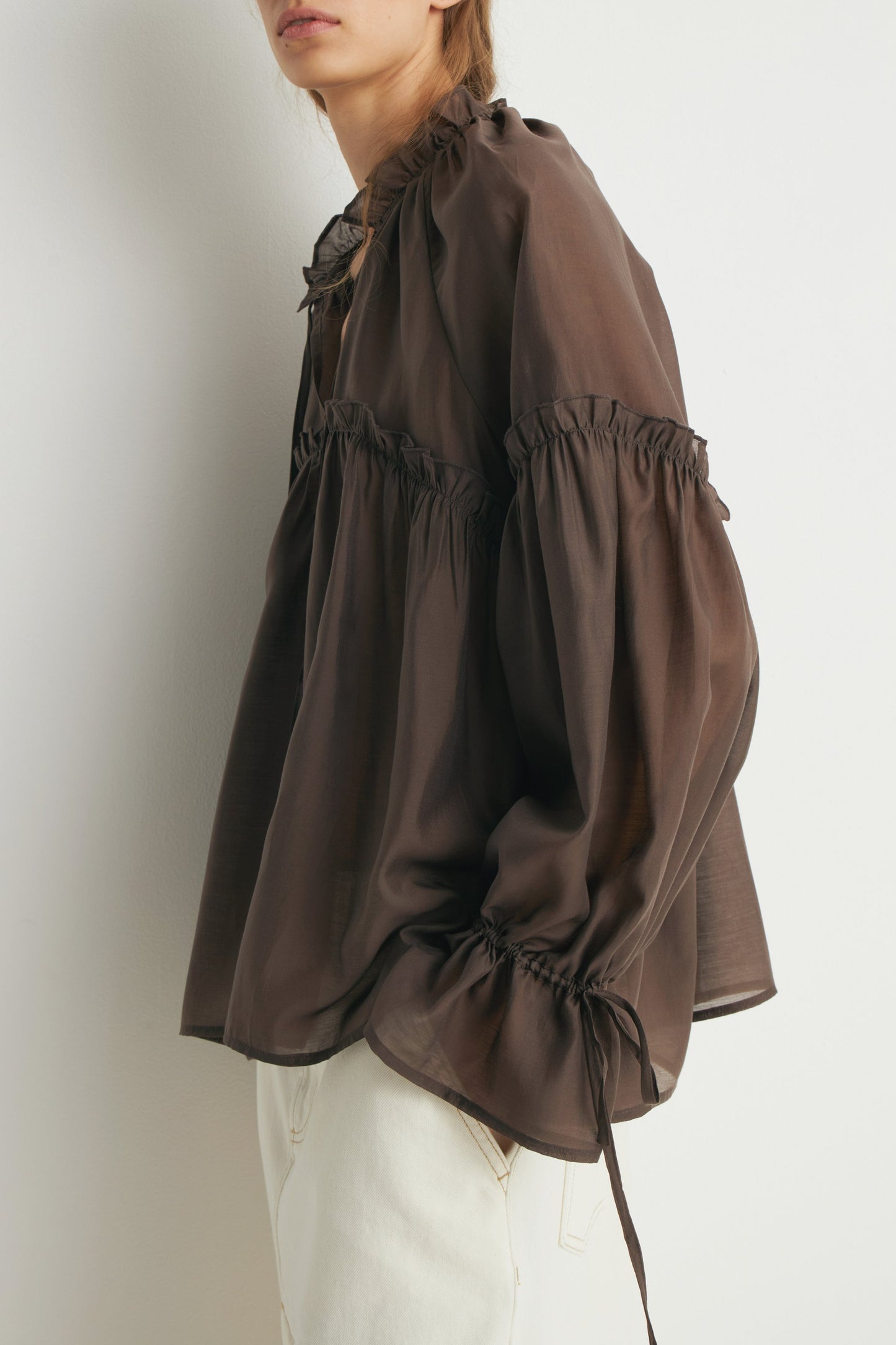 Brown Frilled Long Sleeves Blouse