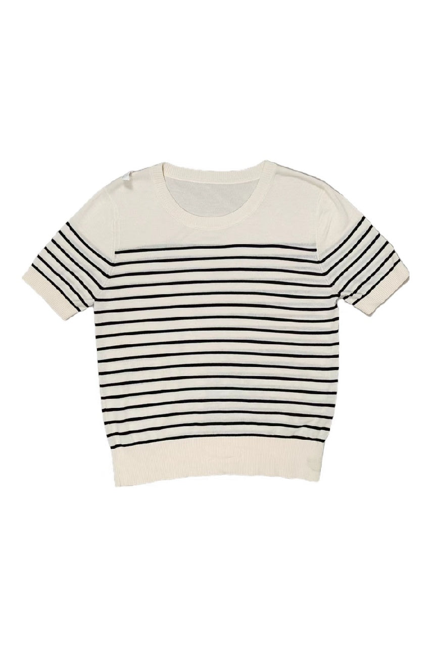 Beige Striped Knit T-Shirt