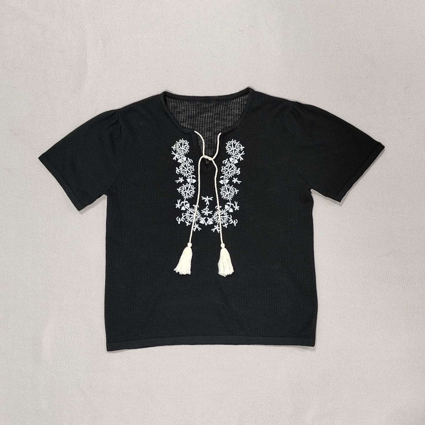 Black Embroidered Lace-Up T-Shirt