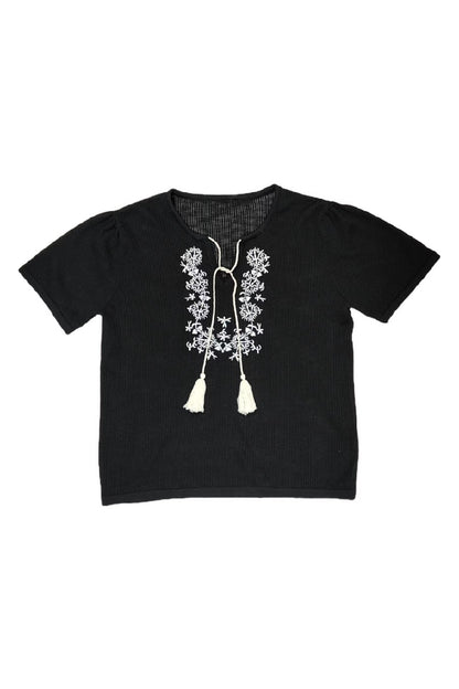 Black Embroidered Lace-Up T-Shirt