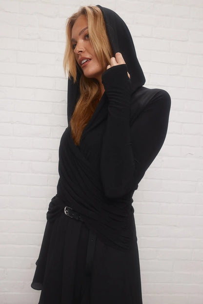 Black Fitted Hooded Sweater Top