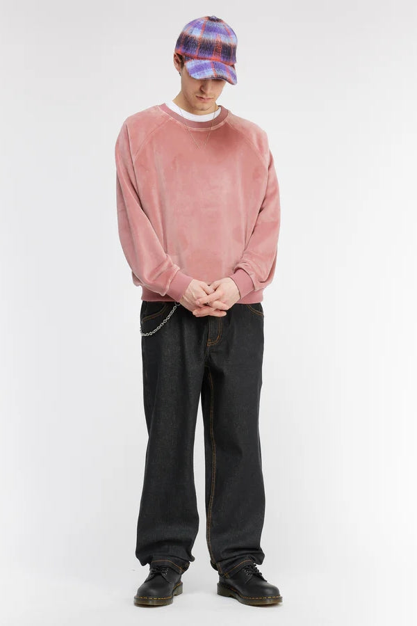 Dusty Pink Velvet Crewneck Embroidery Shirt