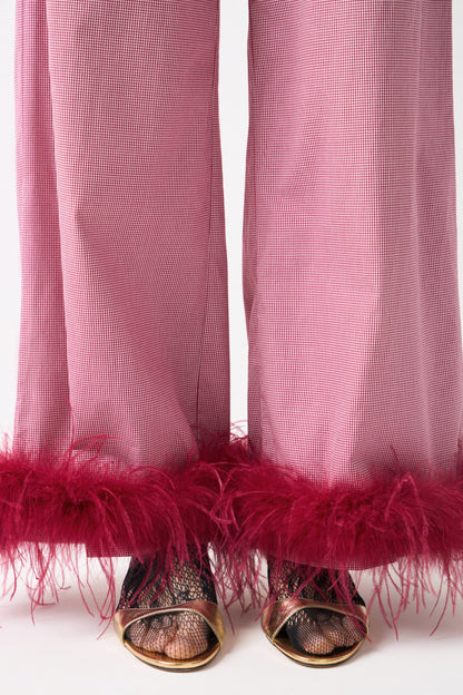 Red Plaid Trousers with Detachable Feather