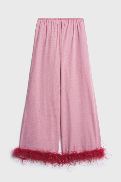 Red Plaid Trousers with Detachable Feather