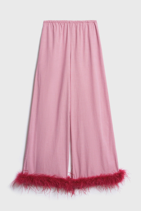 Red Plaid Trousers with Detachable Feather