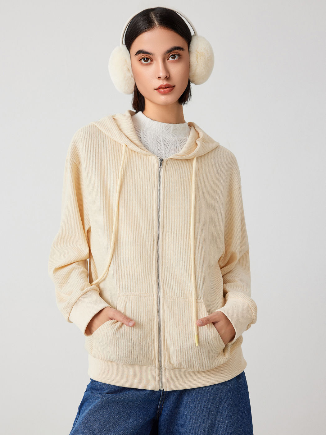 Beige Hooded Solid Zipper Long Sleeve Top