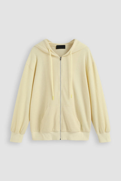Beige Hooded Solid Zipper Long Sleeve Top