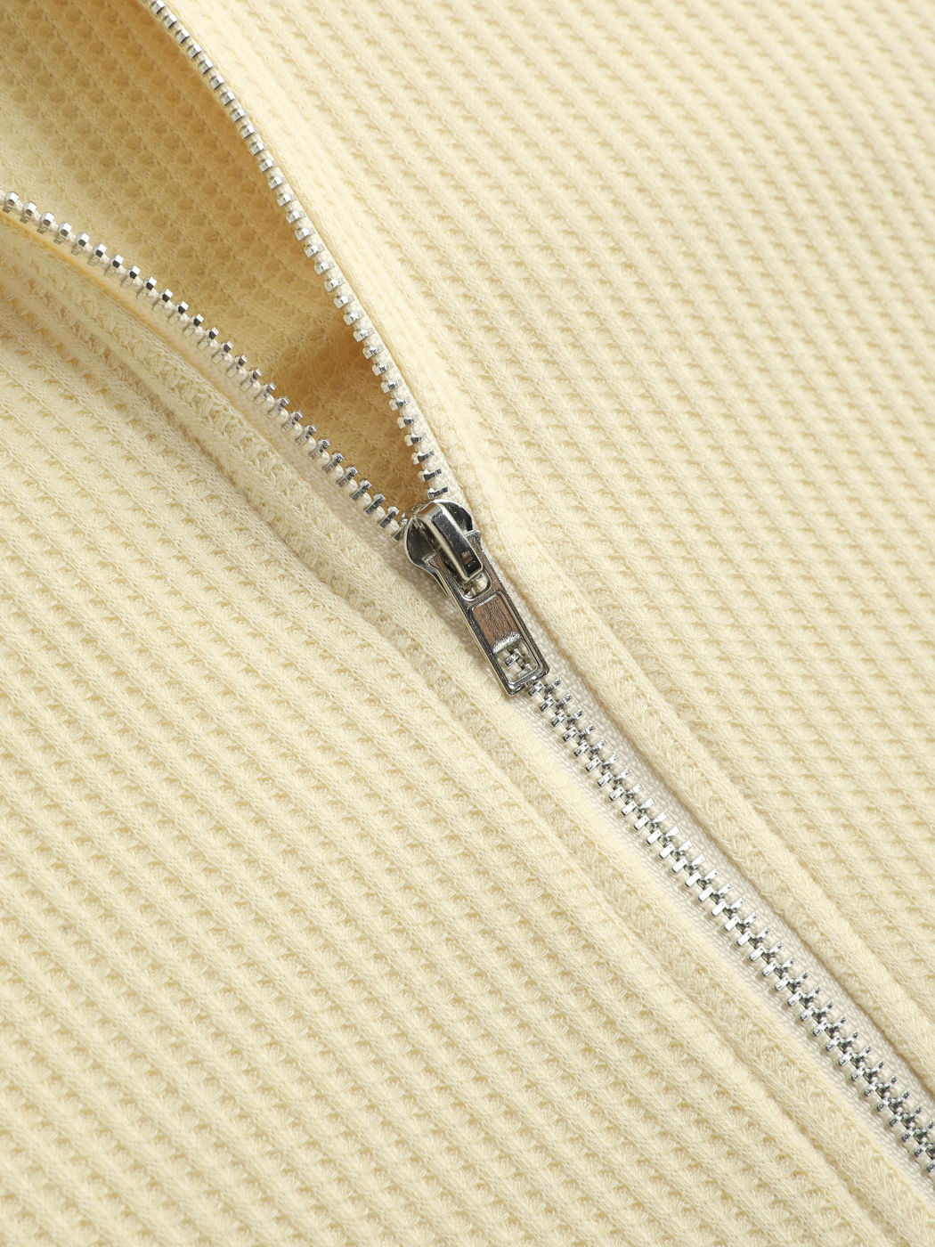 Beige Hooded Solid Zipper Long Sleeve Top