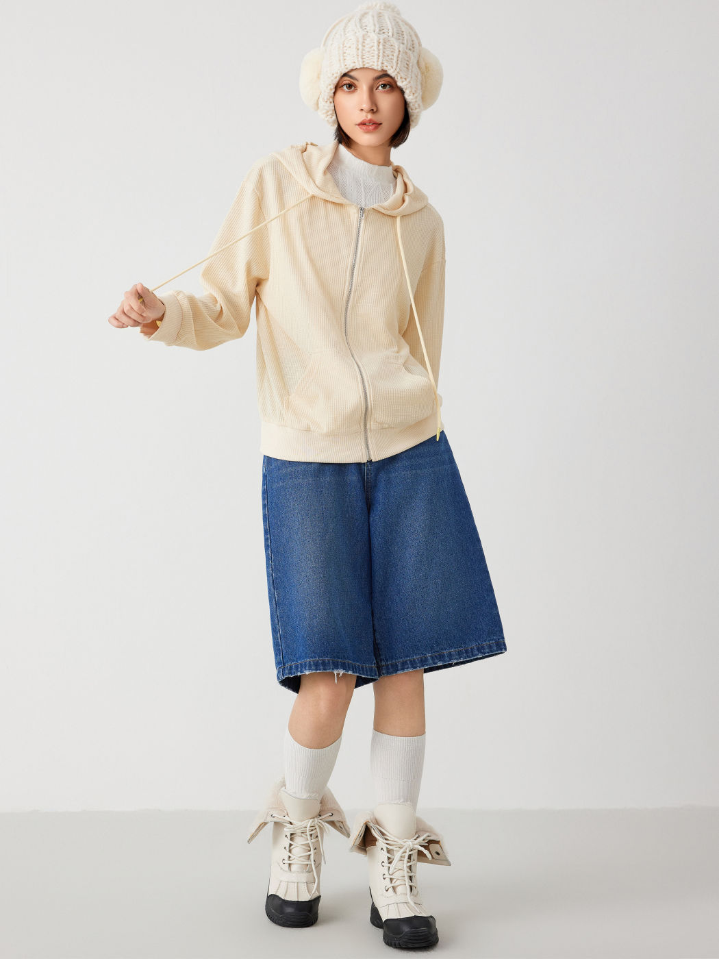 Beige Hooded Solid Zipper Long Sleeve Top