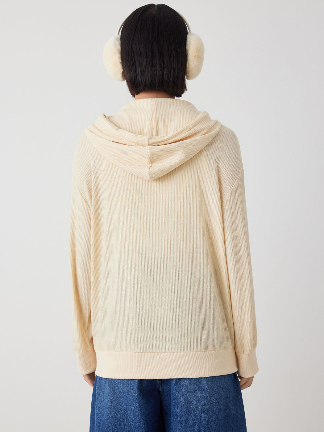 Beige Hooded Solid Zipper Long Sleeve Top