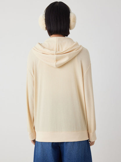Beige Hooded Solid Zipper Long Sleeve Top