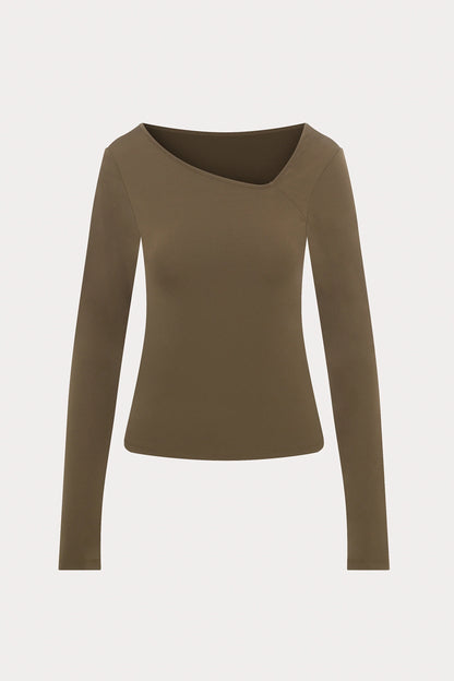 Brown Slim Fit Top with Asymmetrical Neckline