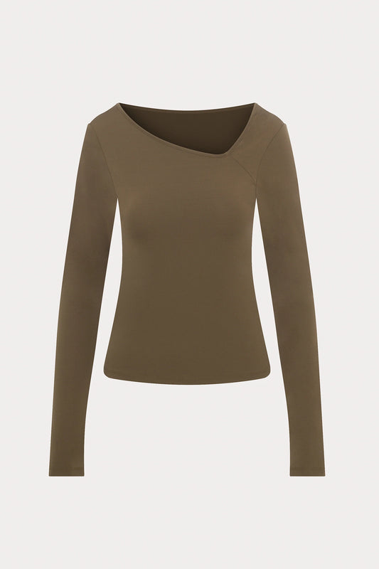 Brown Slim Fit Top with Asymmetrical Neckline
