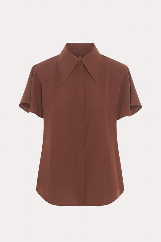 Brown Short Sleeves Shirt with Shoulder Pads