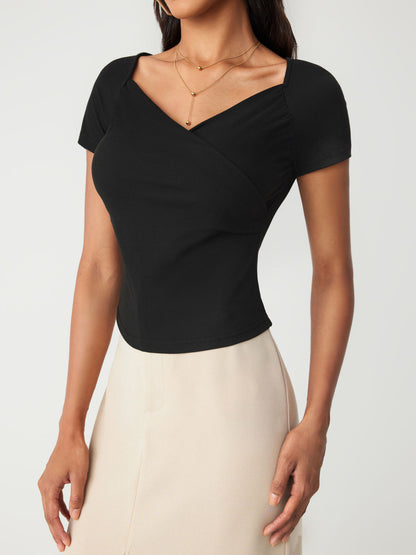 Black V Neck Short Sleeve Top