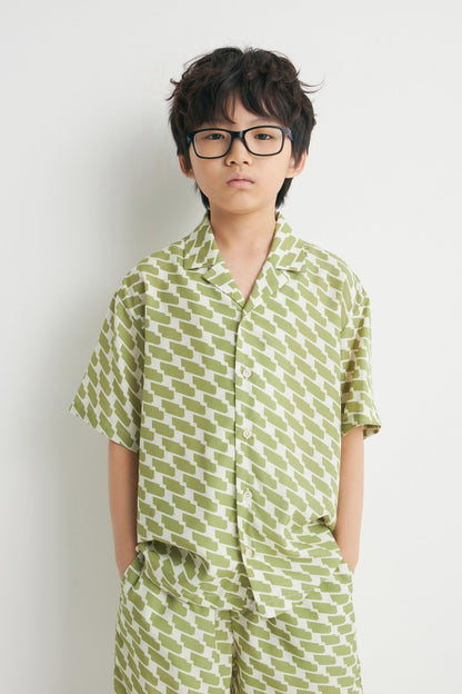 Kids' Green Print Lyocell Short Sleeves Shirt