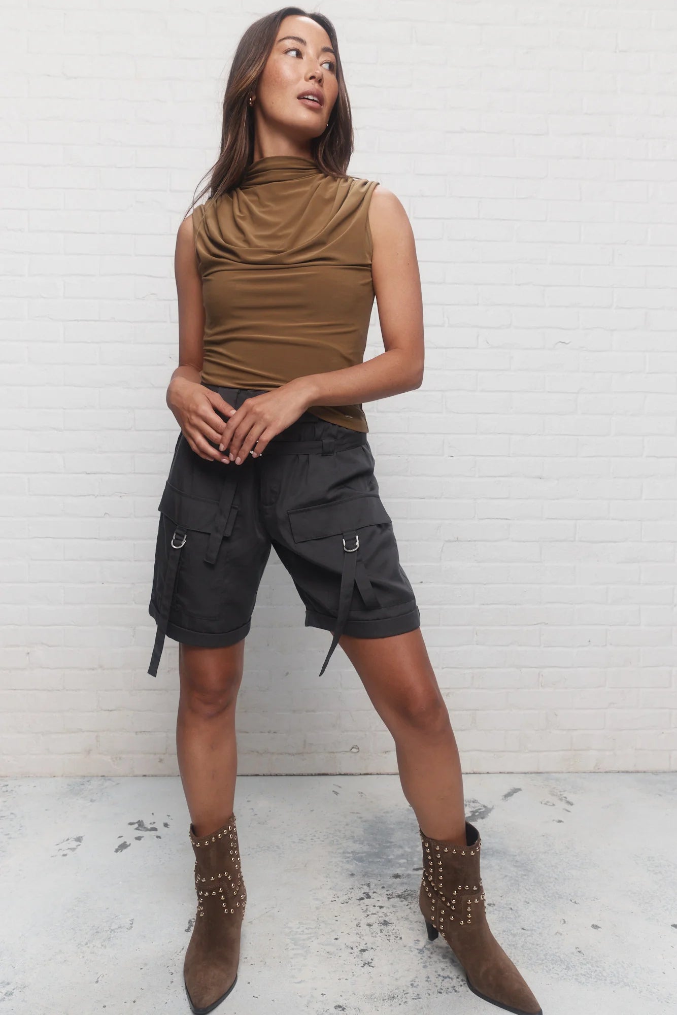 Brown Draped High Neck Camisole