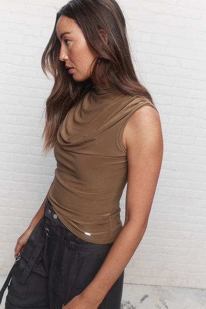 Brown Draped High Neck Camisole