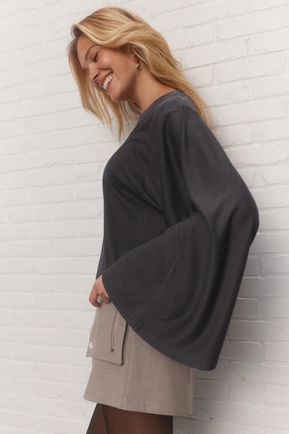 Ribbed Gray Top with Flared Sleeves