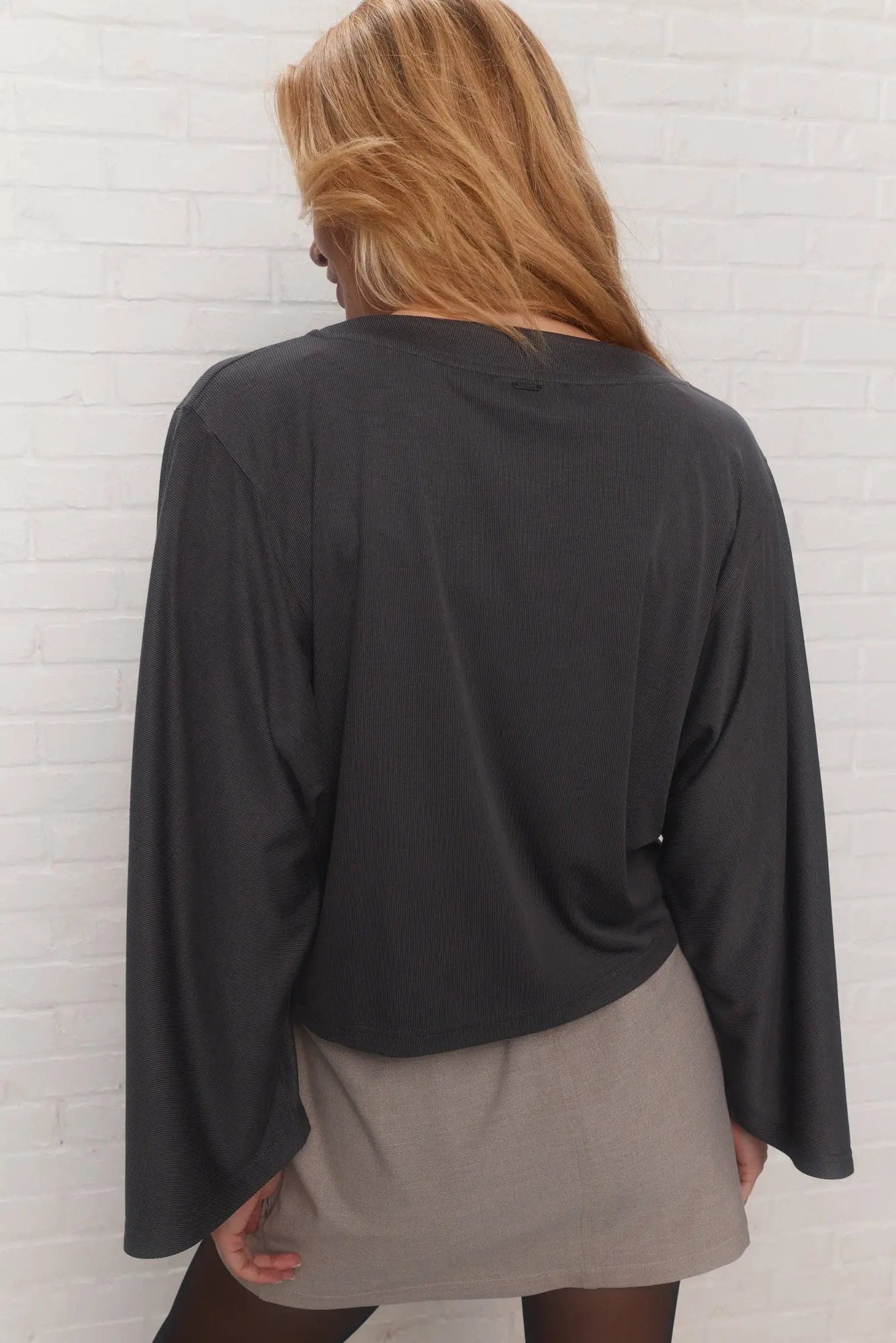 Ribbed Gray Top with Flared Sleeves