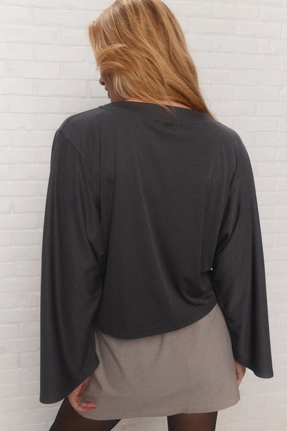 Ribbed Gray Top with Flared Sleeves