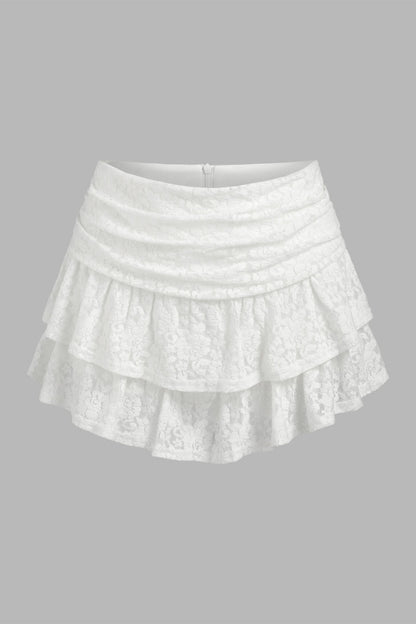 White Ruched Floral Lace Layered Mini Skirt