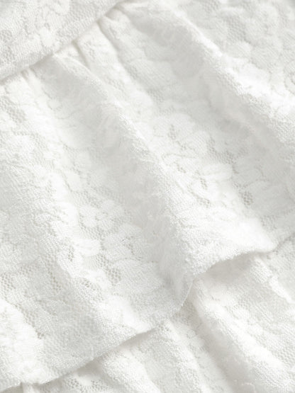 White Ruched Floral Lace Layered Mini Skirt