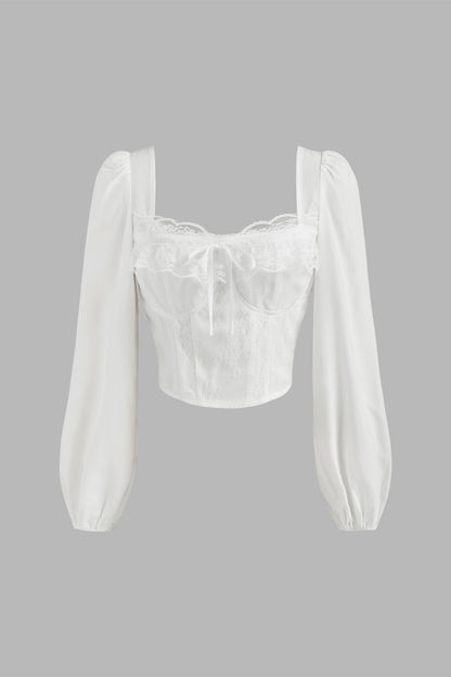 White Square Neck Lace Knotted Blouse
