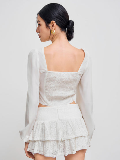 White Square Neck Lace Knotted Blouse