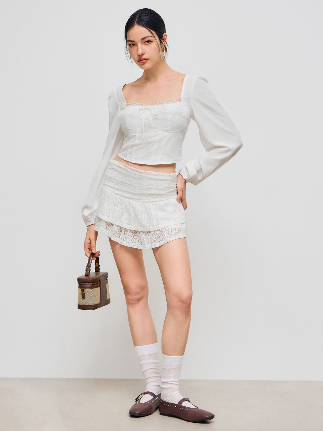 White Square Neck Lace Knotted Blouse