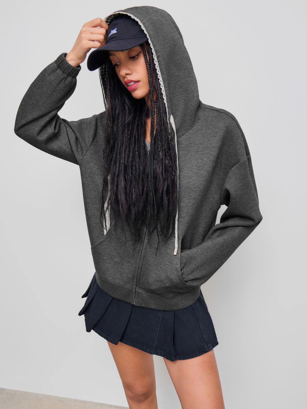 Grey Terry Gingham Lace Trim Hoodie