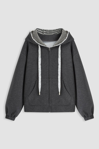 Grey Terry Gingham Lace Trim Hoodie