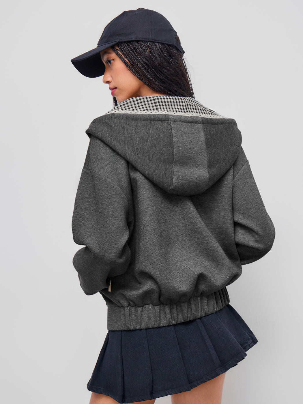 Grey Terry Gingham Lace Trim Hoodie