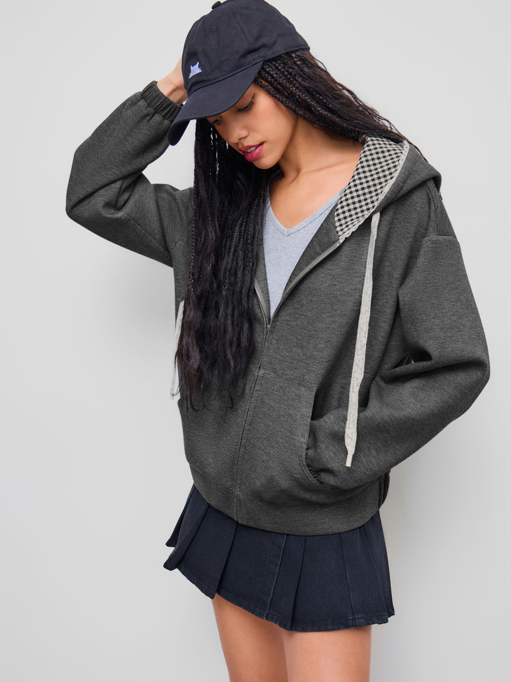 Grey Terry Gingham Lace Trim Hoodie