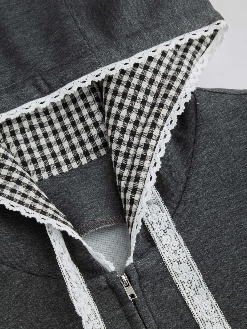Grey Terry Gingham Lace Trim Hoodie