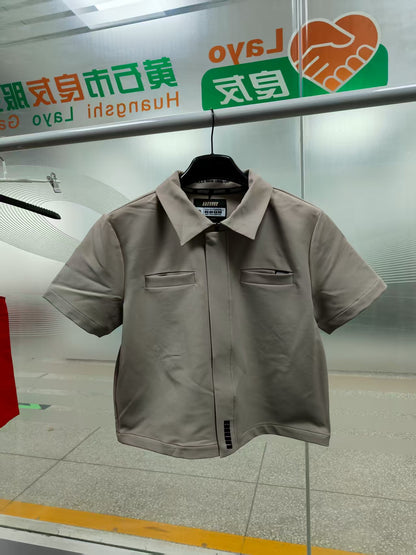 Khaki Workwear Lapel Collar Zip T-shirt