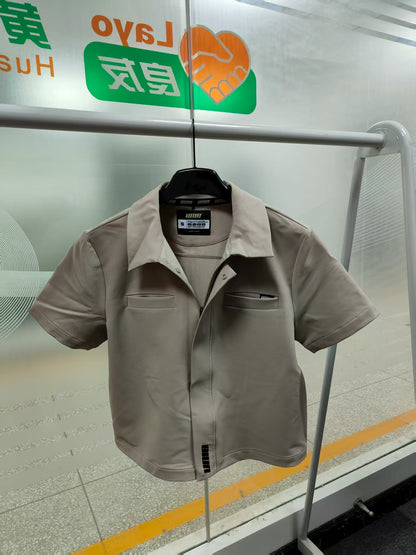 Khaki Workwear Lapel Collar Zip T-shirt