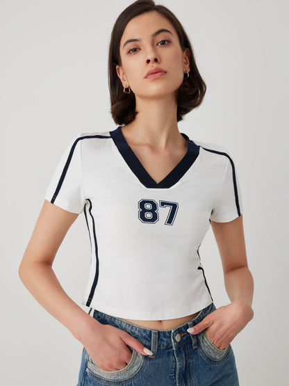 White V Neckline 87 Graphic T-shirt